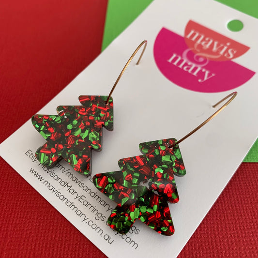 Christmas: Green/red sparkle tree hoops